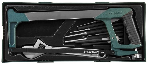 Фото-6847 Набор инструмента ножовка, разводной ключ, зубила и выколотки