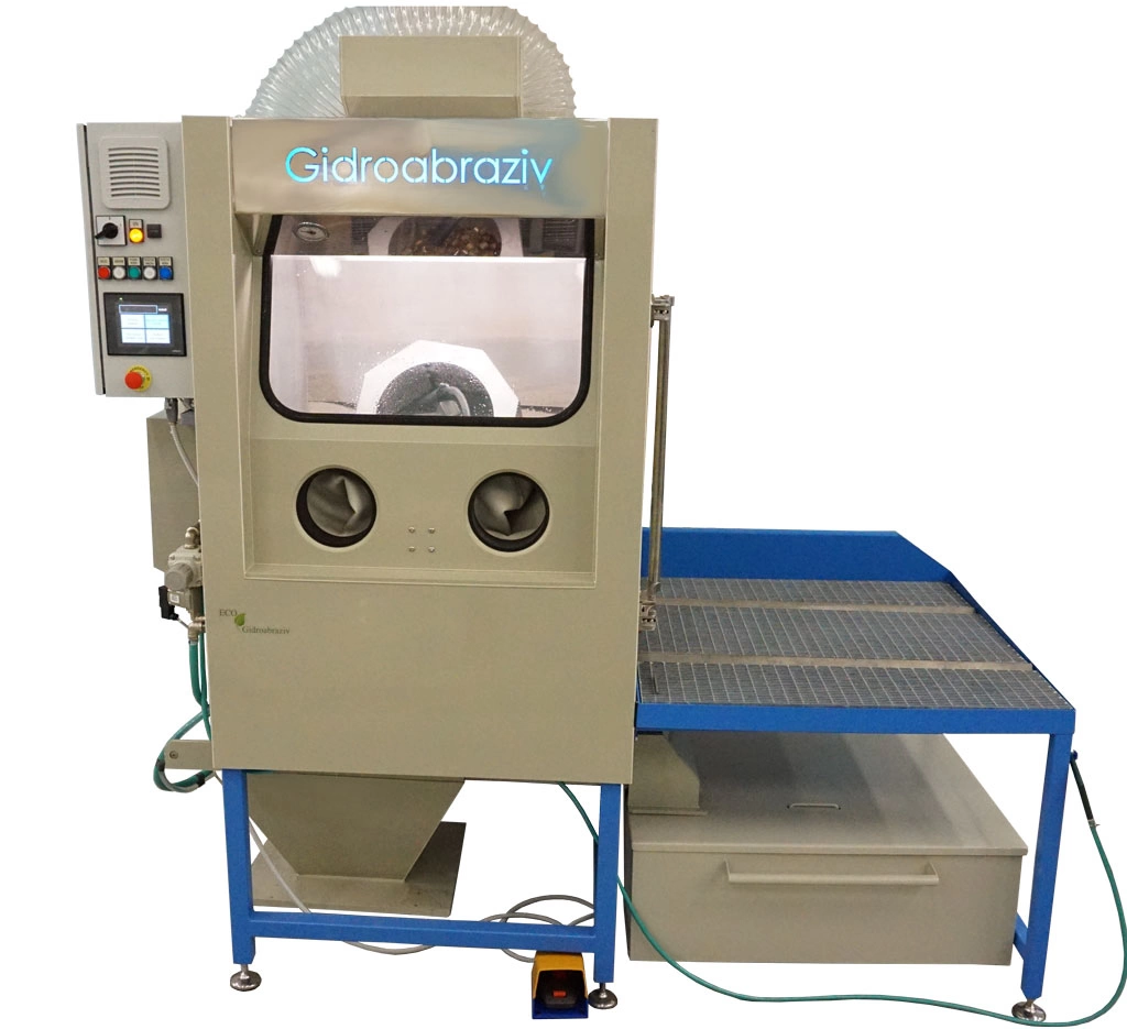 Фото-14647 Установка гидроабразивной очистки с галтовочным барабаном, тележкой с вращающимся столом, сменными абразивными конусами КС-100ТГ/СК