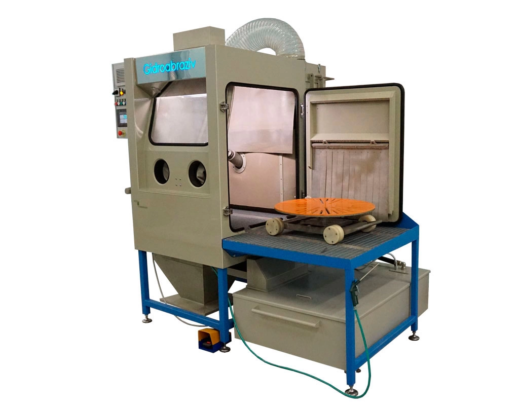 Фото-14650 Установка гидроабразивной очистки с галтовочным барабаном, тележкой с вращающимся столом, сменными абразивными конусами КС-100ТГ/СК