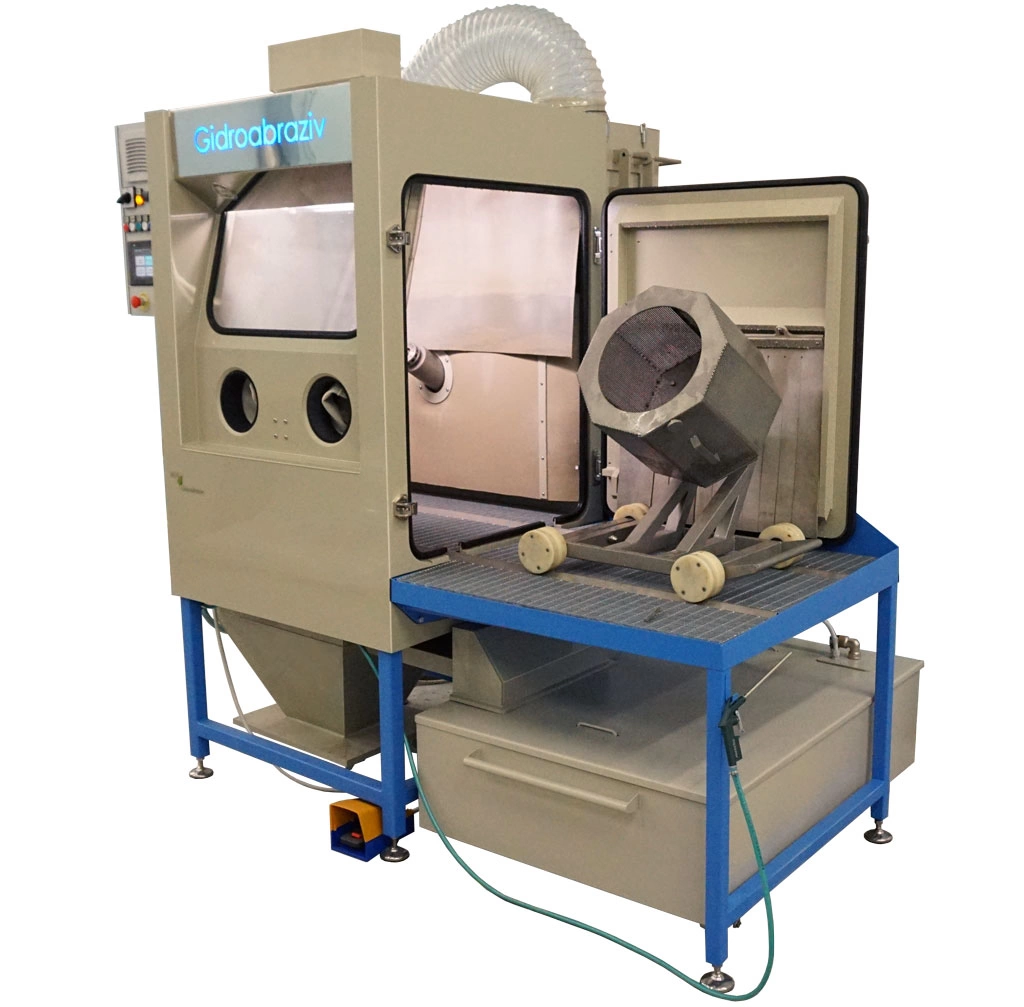 Фото-14659 Установка гидроабразивной очистки с галтовочным барабаном, тележкой с вращающимся столом, сменными абразивными конусами КС-100ТГ/СК