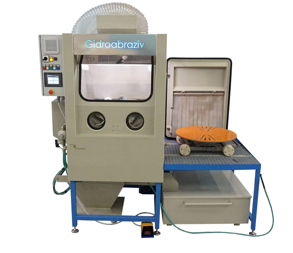 Фото-757 Установка гидроабразивной очистки с галтовочным барабаном, тележкой с вращающимся столом, сменными абразивными конусами КС-100ТГ/СК